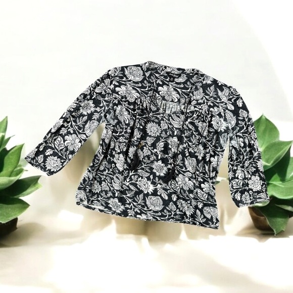 Lucky Brand Tops - Lucky Brand Top Women XS Floral Print Tassel Tie 3/4 Sleeve Shirt Blouse Black‎